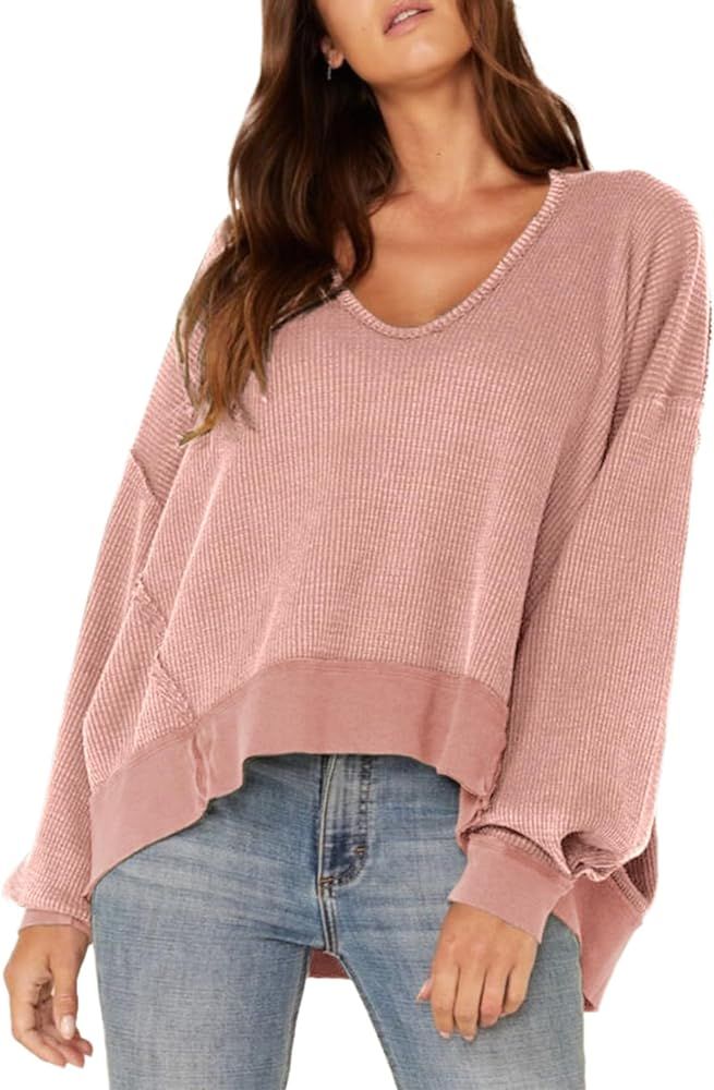 Dokotoo Womens Oversized Waffle Knit Sweatshirts V Neck Long Sleeve Side Slits Casual Pullover Sw... | Amazon (US)