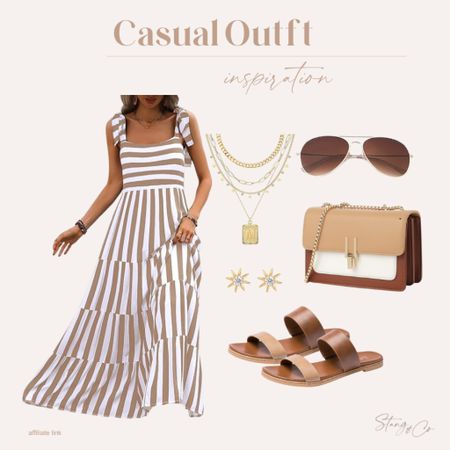 This casual outfit inspiration includes a square neck striped maxi dress (comes in several color options), paired with brown slip on sandals, a brown and tan crossbody purse, aviator sunglasses, gold layered necklaces, and gold stud earrings.

resort wear, maxi dress, summer outfit, spring outfit, beach vacation, tall friendly dress, amazon fashion, ootd

#LTKstyletip #LTKfindsunder50 #LTKshoecrush