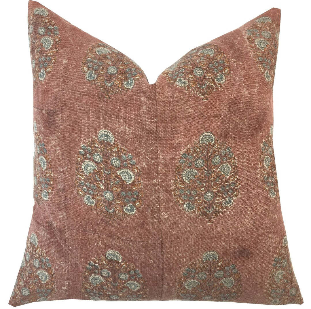 Zeena Block Print Linen Pillow Cover  Rust Brown and Blue - Etsy | Etsy (US)
