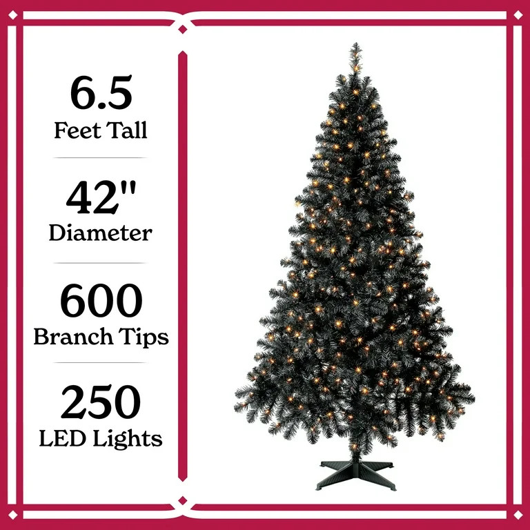 6.5’ Pre-Lit Black Madison Pine Artificial Christmas Tree, Clear LED Lights, by Holiday Time | Walmart (US)