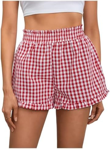 MakeMeChic Women's Gingham Ruffle Lounge Shorts Elastic High Waist Pajamas Boxer Shorts | Amazon (US)
