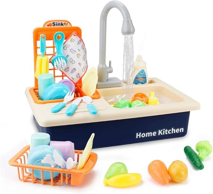 BOBXIN Play Sink with Running Water, Kids Play Kitchen Toy Sink Electronic Dishwasher, Pretend Ro... | Amazon (US)