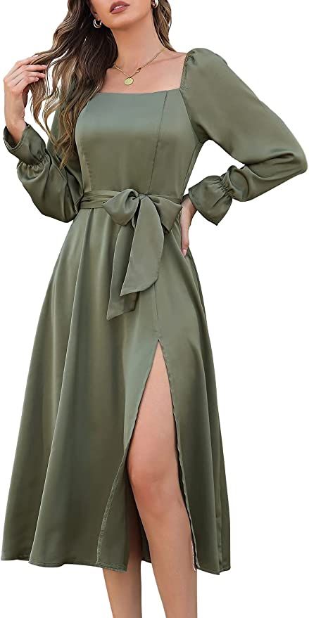 SouqFone Women Square Neck Long Puff Sleeve Split Satin Maxi Dress Belted Smocked A-Line High Wai... | Amazon (US)