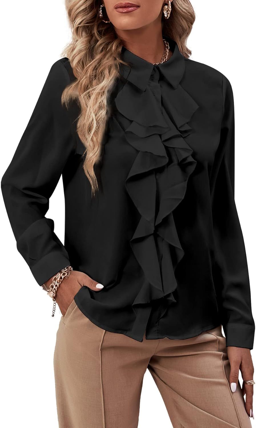 LYANER Women's Collar Neck Button Down Ruffle Front Long Sleeve Blouse Shirt Top | Amazon (US)