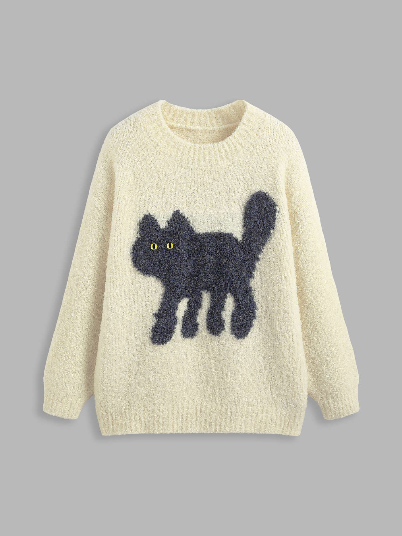 Wool-blend Round Neckline Cat Knitted Long Sleeve Sweater | Cider