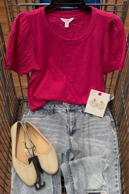 Walmart puff sleeve top $10! Cute with jeans, trousers, skirts! Jeans are my favorite casual spring pair, I take my usual 6 in these. Flats are Rothy’s look for less and very comfy, fit tts. 

#LTKfindsunder100 #LTKfindsunder50 #LTKstyletip