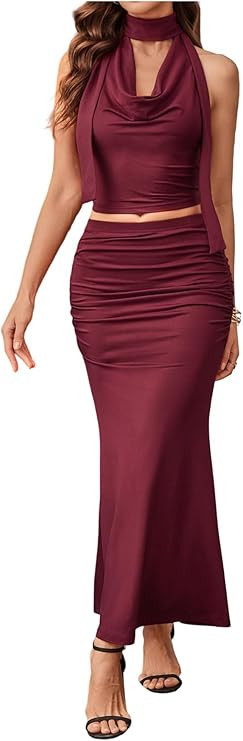 Verdusa Women's 2 Piece Vacation Outfits Drape Neck Crop Halter Top and Ruched Fishtail Bodycon S... | Amazon (US)