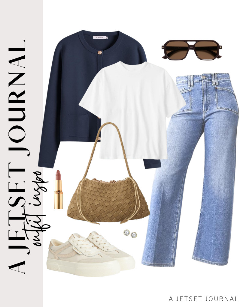 We are so obsessed with this combination of a white tee and a cardigan from ANRABESS paired with Astylish wide-leg jeans. This fit goes with Sam Edelman Simone sneakers and a woven bag. Remember to wear these stud earrings and your SOJOS retro aviator sunnies! 

 #LTKSeasonal #LTKSaleAlert #LTKTravel