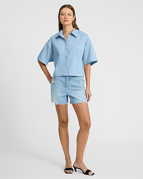Stretch Cotton Poplin Short Sleeve Cropped Shirt | Express