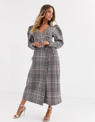 ASOS DESIGN wrap maxi dress with puff sleeves in check | ASOS US