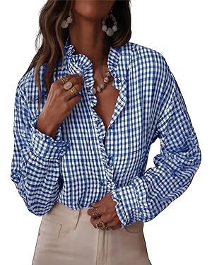 Astylish Womens Plaid Ruffle V Neck Button Down Blouse Casual Long Sleeve Gingham Trendy Tops Wor... | Amazon (US)
