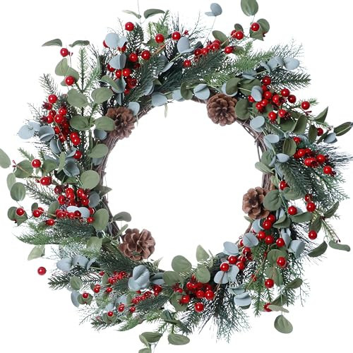DIYFLORU 20 Inches Christmas Wreath Winter Wreaths Holiday Christmas Wreaths for Front Door Christmas Berry Wreath with Pine Needles Pine Cones Red Berries for Window Indoor Outdoor Winter Decorations | Amazon (US)