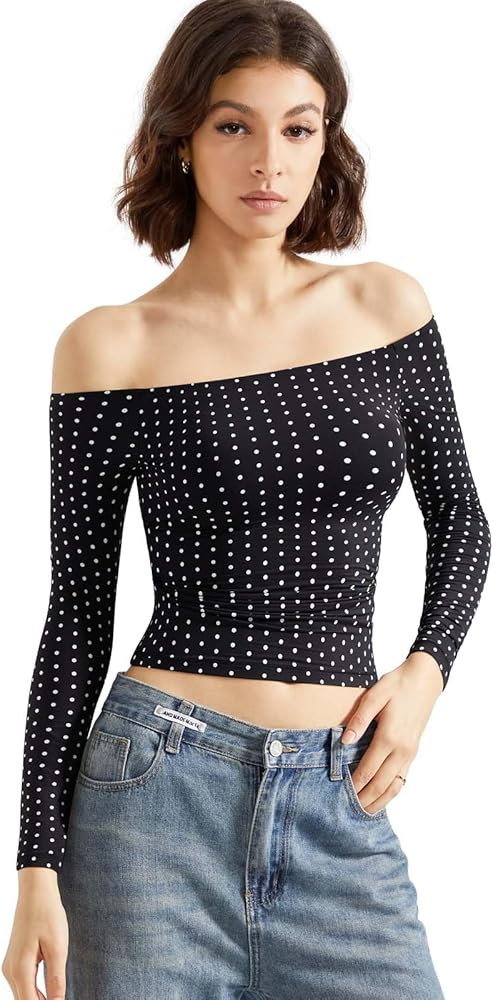 SUUKSESS Women Off Shoulder Double Lined Long Sleeve Shirts Basic Going Out Tops | Amazon (US)