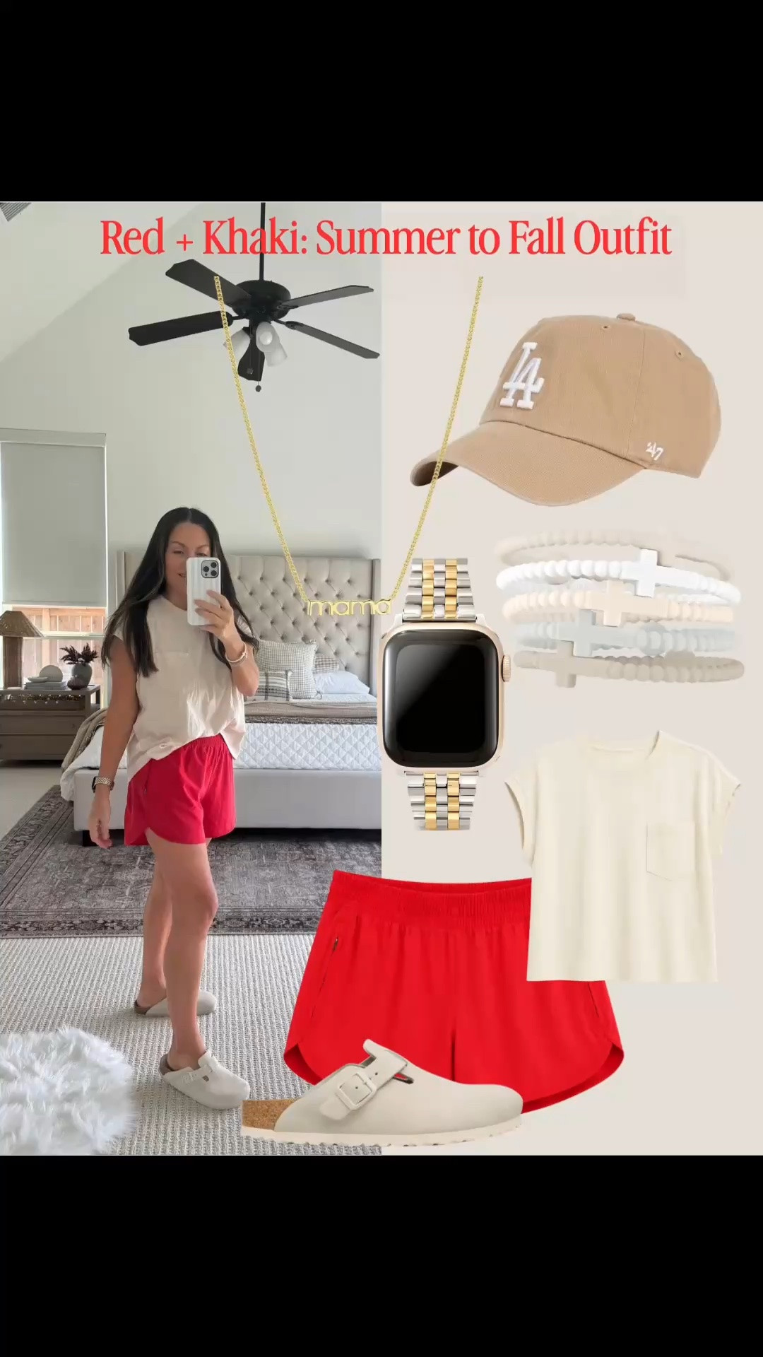 3 easy red + khaki outfit ideas to take your wardrobe from summer into fall ❤️🤎 These casual summer-to-fall outfits are perfect for those in-between days when it’s still hot outside but you’re ready to start adding fall colors and cozy pieces back into your wardrobe. I styled red and khaki three different ways with athletic shorts, easy tees, leggings, a cozy cardigan, neutral clogs, sneakers and everyday accessories. These are the comfortable outfits I love for school drop off, running errands, coffee runs, sports mom days, travel and casual weekends. If you’re looking for an easy mom outfit, casual mom outfit, everyday athleisure outfit, comfortable fall outfit or simple transitional outfit, these pieces are so easy to mix and match. I especially love how the red adds a pop of color while the khaki and neutral accessories keep everything easy and wearable. Linking all the outfit details, accessories and shoes from each look!

#LTKootd #LTKvlog #LTKSeasonal