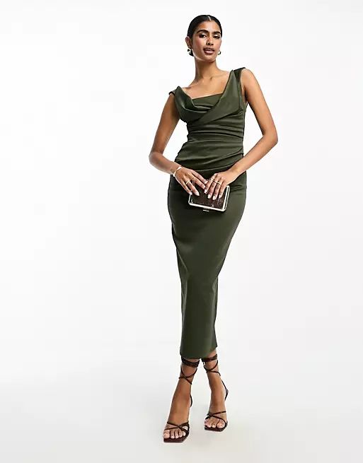 ASOS DESIGN square neck pleat bust midi pencil dress in deep green | ASOS (Global)