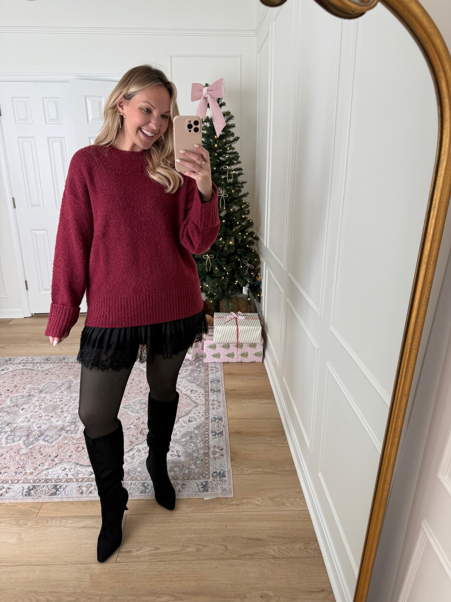 Holiday party outfit - Christmas outfit - wearing a med sweater and large skirt 

#LTKHoliday #LTKFindsUnder100 #LTKMidsize