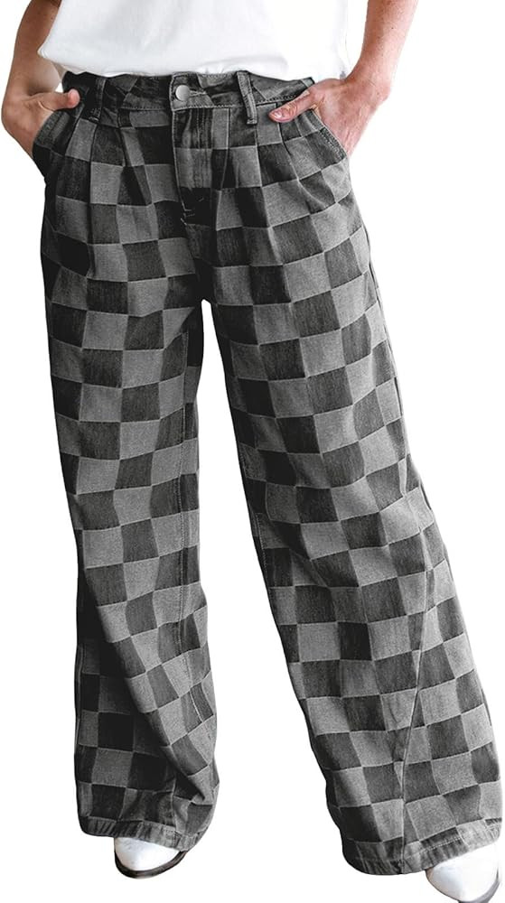 loveimgs Women Baggy Checkered Pants Patterned Denim Wide Leg Jeans Plaid Printed High Waisted Gi... | Amazon (US)