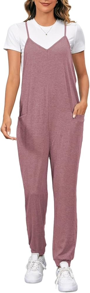 OYOANGLE Women's Causal Sleeveless Harem Leg Suspender Cami Jumpsuit Long Romper with Pockets | Amazon (US)