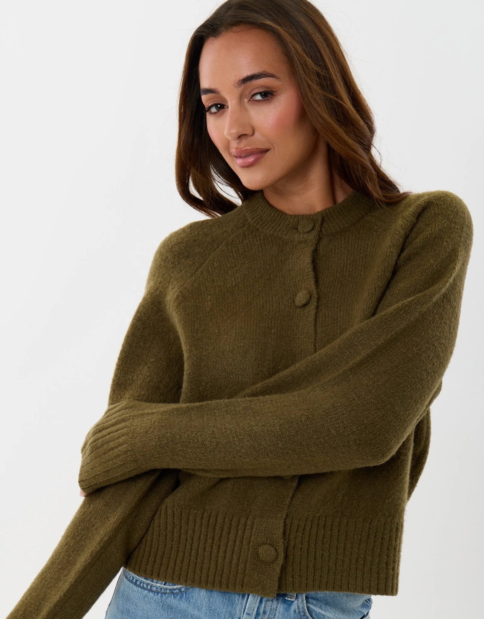 The Relaxed Knitted Cardigan in Khaki | Threadbare UK