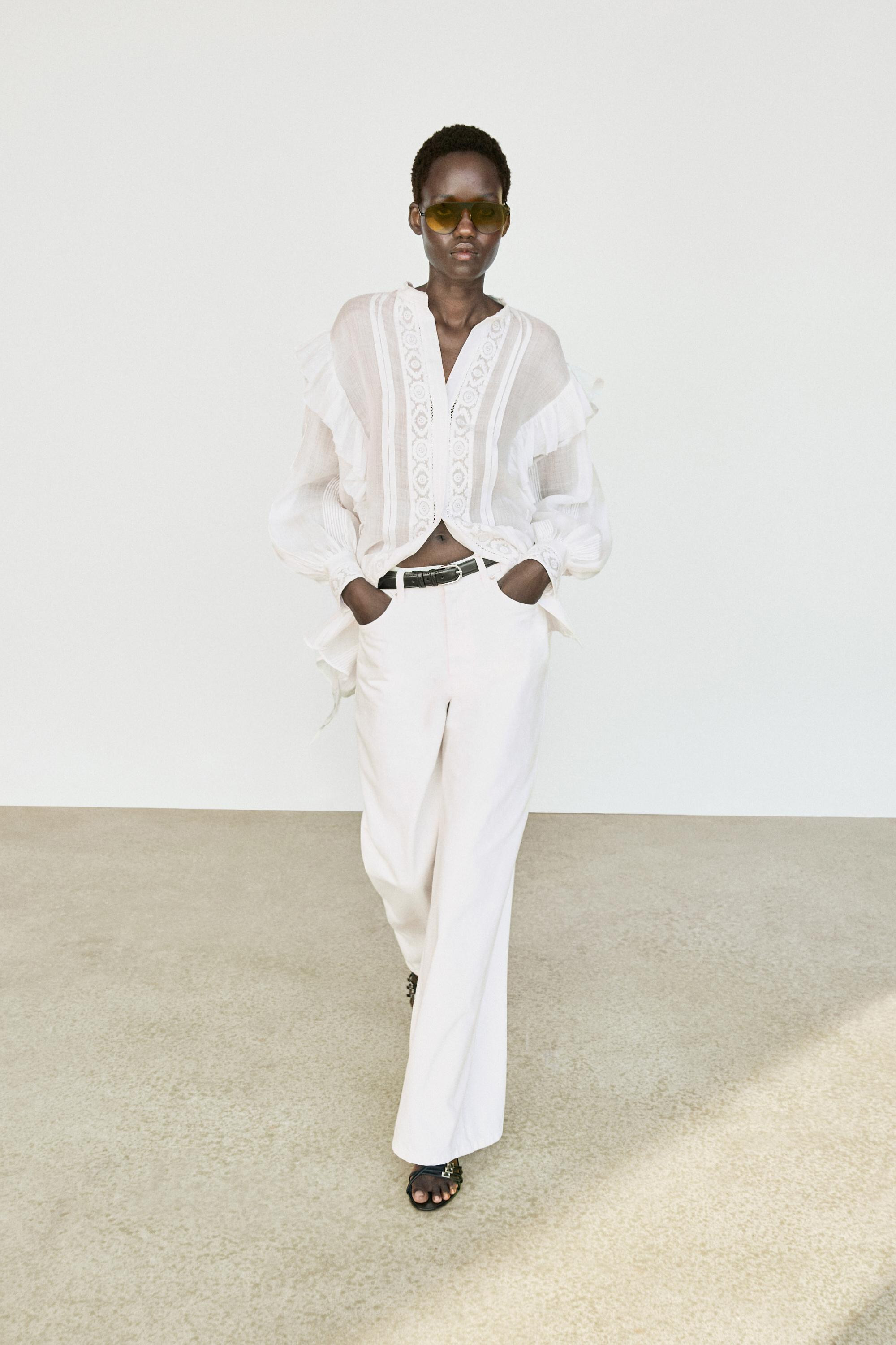 Stand collar blouse with embroidery and ruffles | Massimo Dutti UK