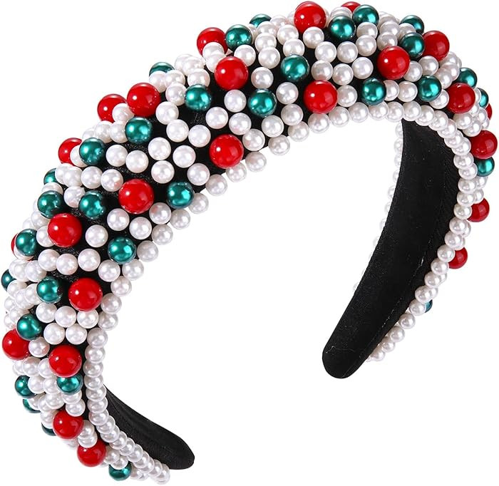 Crystal Headbands for Women, Christmas Padded Pearl Headband Xmas Bejewelled Rhinestone Pearl Bri... | Amazon (US)