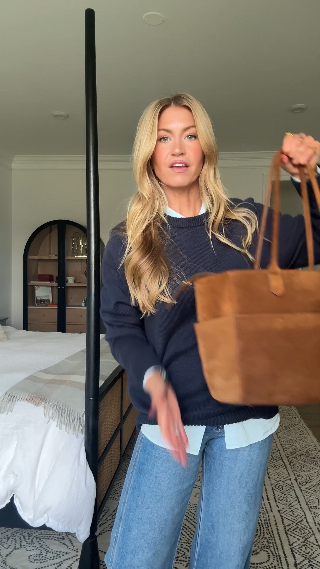 Casual mom outfit for going to the kids school. 
Light blue button up: runs oversized, wearing a small
Navy cotton heritage sweater : it’s a men’s, so it runs large, wearing a medium, currently on sale!
High rise mid rinse flare jeans: TTS, wearing a 25
Nude leather sneakers: run TTS

#LTKSeasonal #LTKStyleTip #LTKFindsUnder100