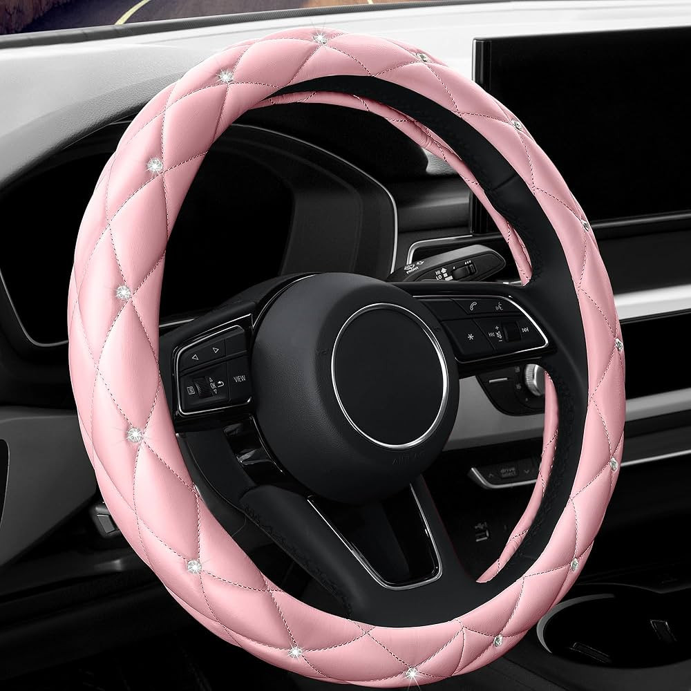 Amazon.com: YOGURTCK Cute Diamond Soft Light Pink Leather Anti-Slip Steering Wheel Cover with Bli... | Amazon (US)