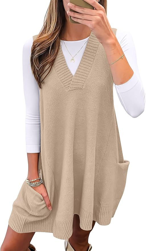 Caracilia Womens Sweater Vest Dress Wool Blend V Neck Sleeveless Loose Fit Casual 2025 Fall Short... | Amazon (US)