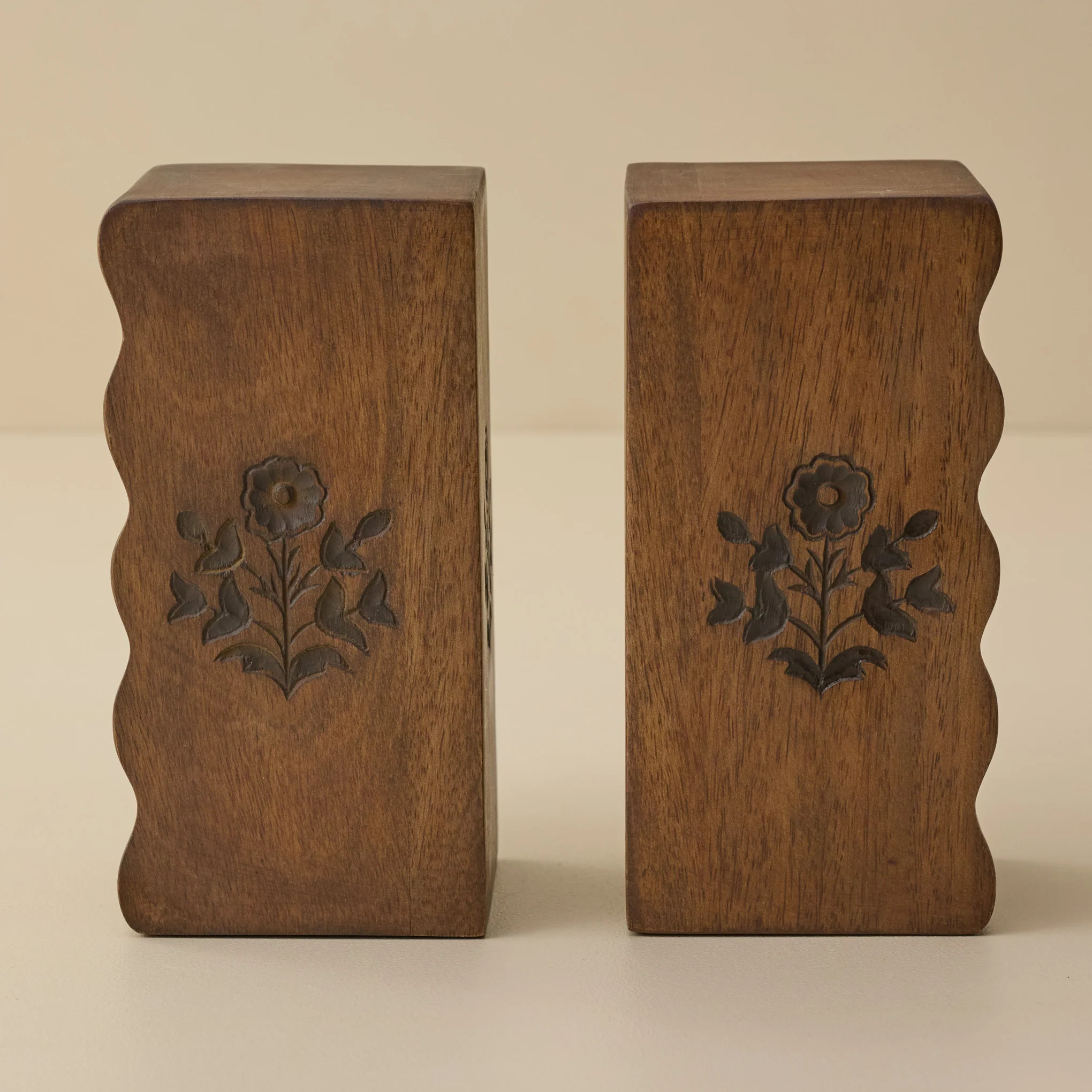 Solid Wood Floral Carved Bookends | Magnolia