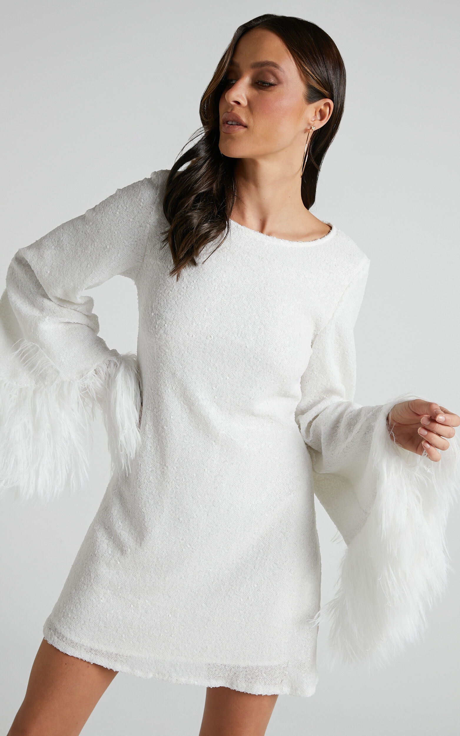 Rowella Mini Dress - Faux Feather Bell Sleeve Dress in White | Showpo (ANZ)
