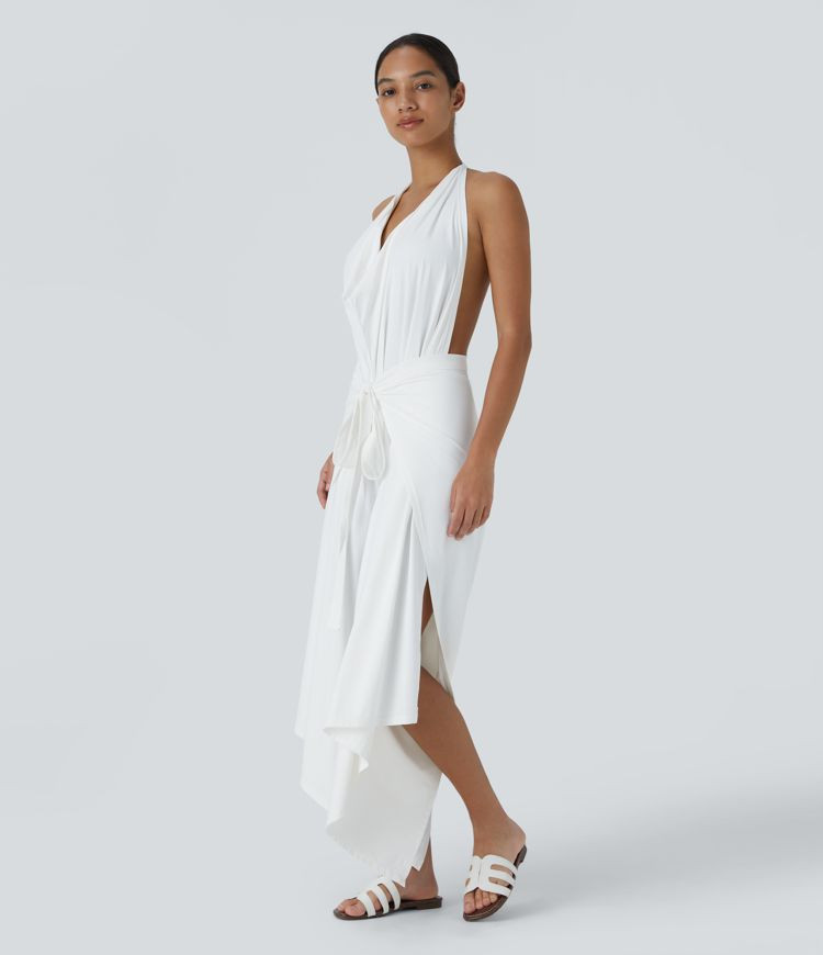 High Waisted Tie Front Hem Palazzo Wide Leg Flowy Casual Pants | HALARA