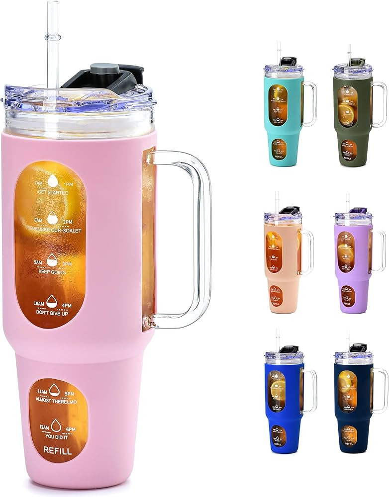 Zibtes 40 oz Glass Tumbler with Lid and Straws, Motivational Water Bottle with Time Marker and Si... | Amazon (US)