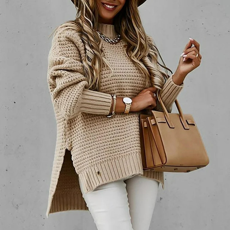 CHGBMOK Womens Fall Sweaters Solid Color Knitted Long Sleeve Pullover Sweater Tops Khaki - Walmar... | Walmart (US)