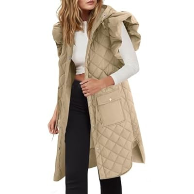 Tankaneo Womens Long Puffer Vest Ruffle Sleeve Winter Coats Hood Sleevel… | Amazon (US)
