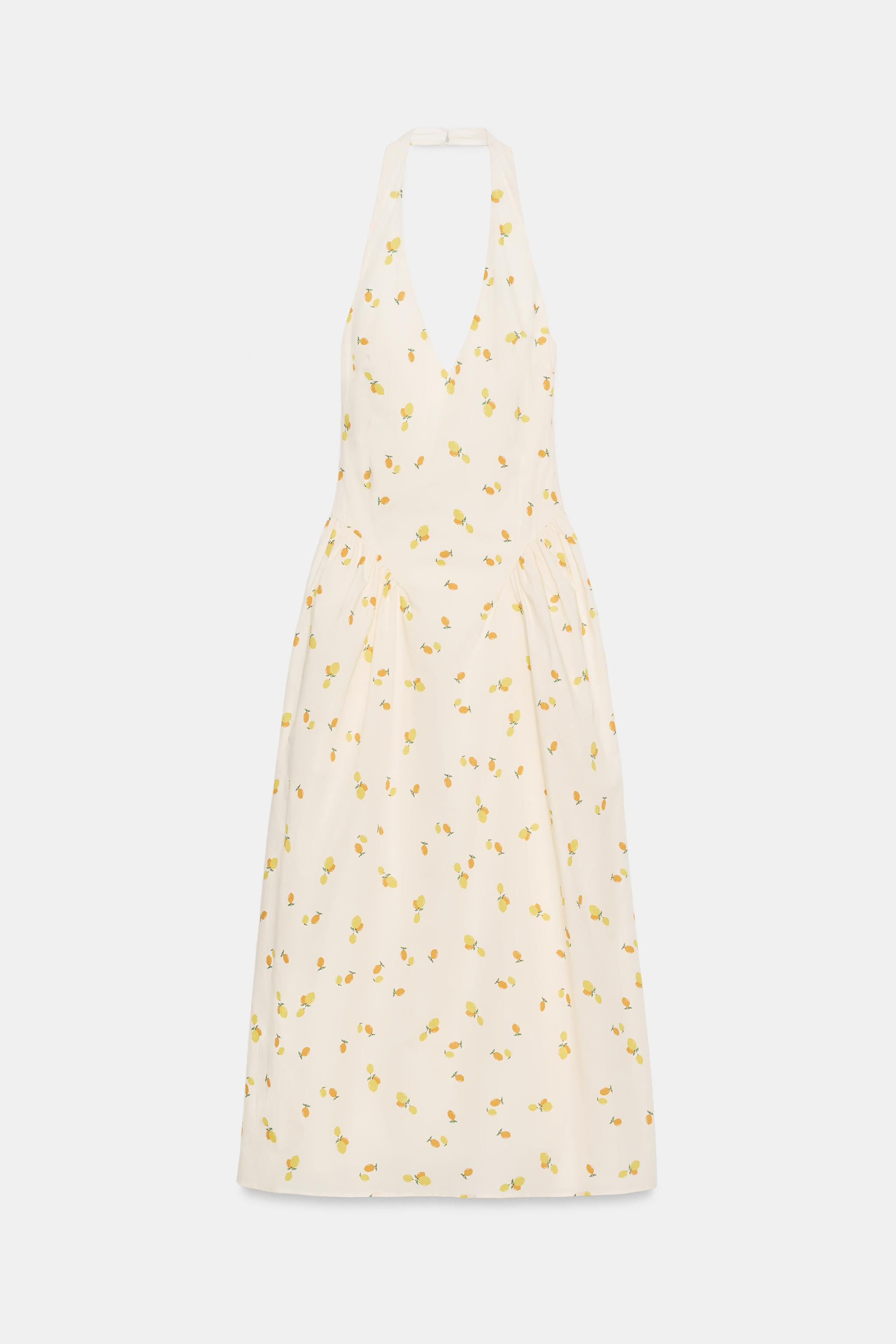 FRUIT PRINT POPLIN HALTER MIDI DRESS | Zara US