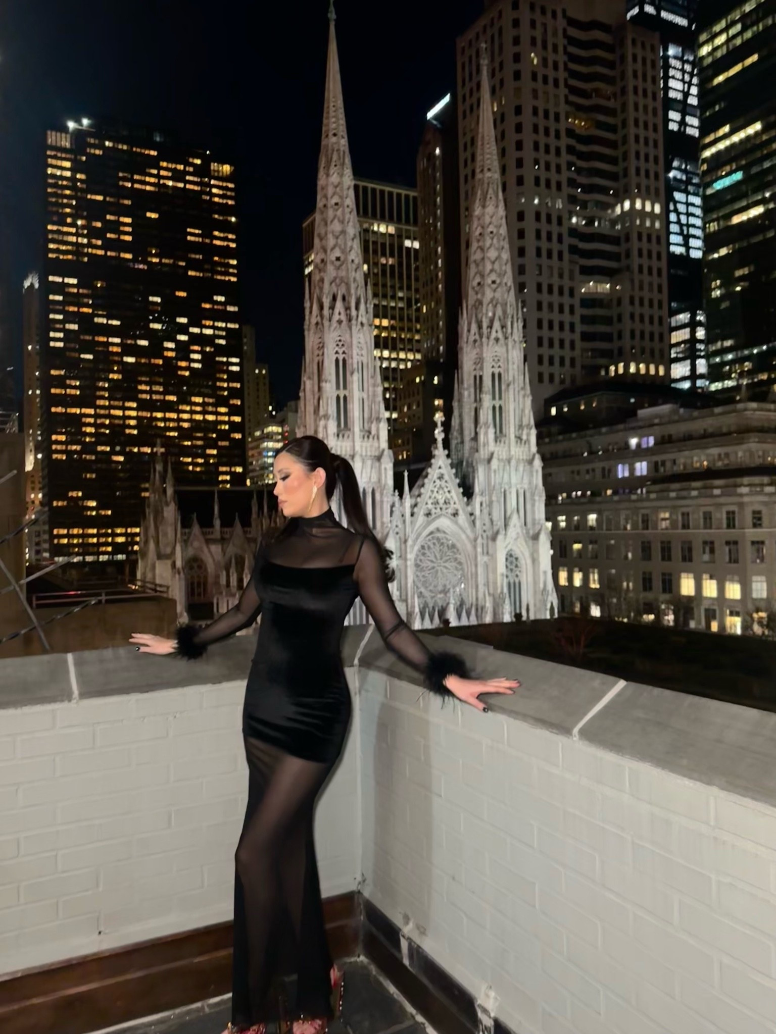 a black velvet gown with sheer mesh sleeves, a structured velvet bodice, and feather cuff detailing, styled with gold drop earrings and red embellished platform heels. the dramatic velvet-and-sheer construction makes this the kind of statement gown you reach for whenever an occasion calls for a real moment. perfect for new year’s eve parties, black tie weddings, holiday galas, and winter formal events. shop this look linked above.