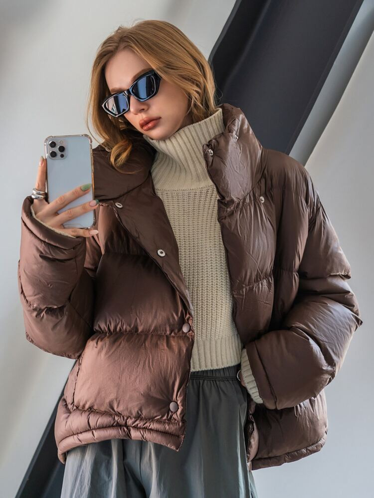 SHEIN COLDBREAK Snap Button Up Puffer Coat | SHEIN
