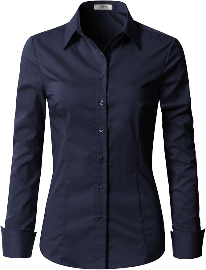 EZEN Womens Slim Fit Long Sleeve Stretchy Button Down Collar Shirt Blouse | Amazon (US)