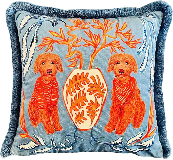 Poodle Pattern Pillow Cover | Brown Poodle Decorative Cushion | Petrol Blue Tassels | Artisan Ani... | Amazon (US)