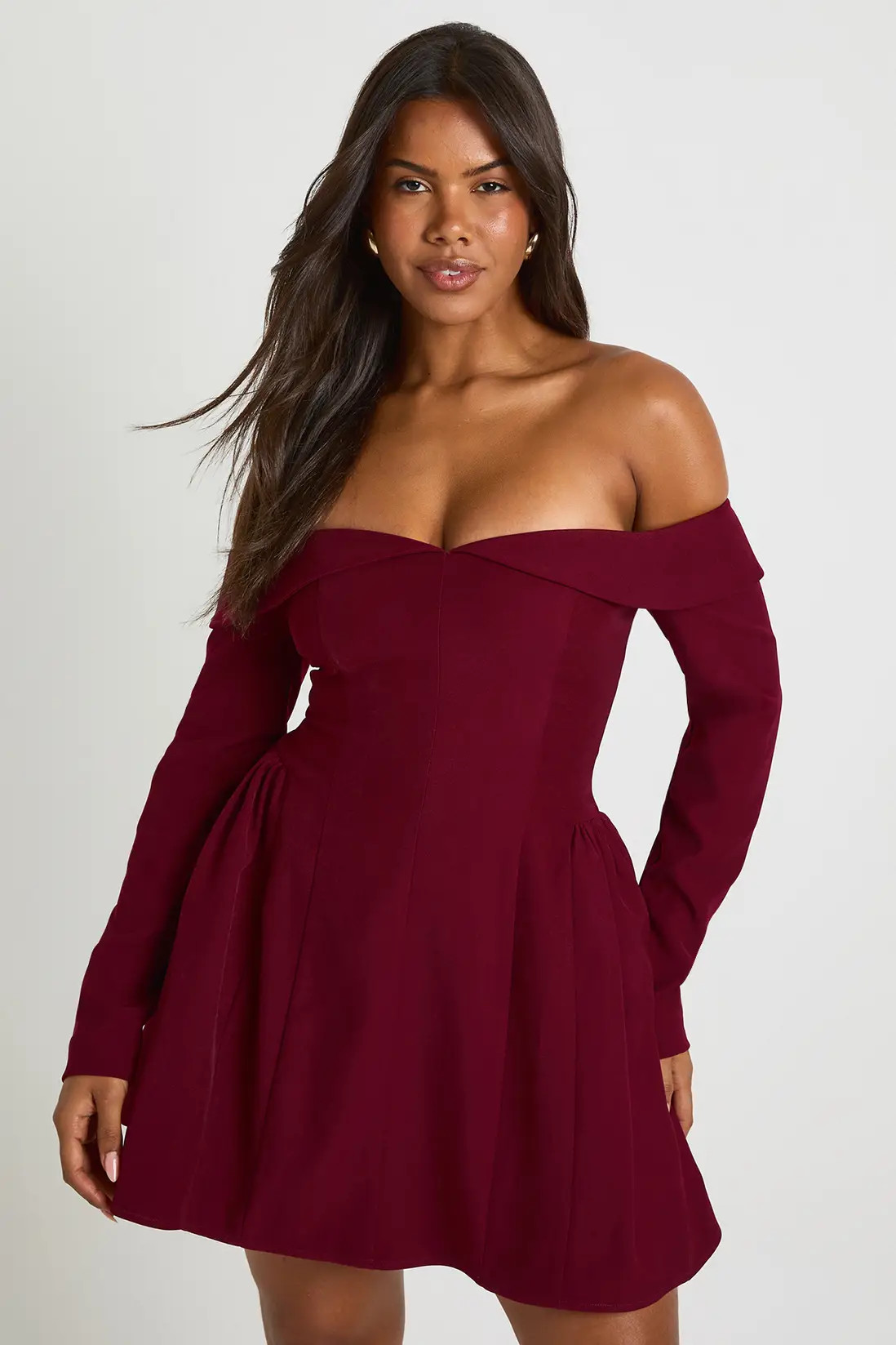 Long Sleeve Bardot Structured Skater Dress | Boohoo.com (UK & IE)
