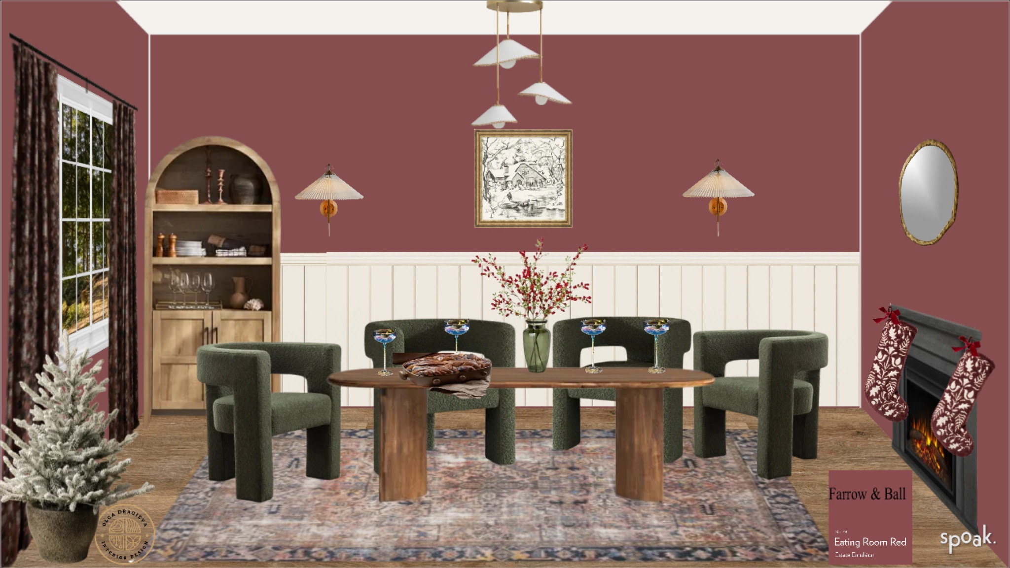 Gorgeous dining room design/mood board! Beautiful boucle green chairs from Wayfair, oval dining table, plug in wall sconces, sculptural chandelier, affordable cabinet/bookcase, botanical curtains, vintage rug, Christmas decor, table decor, winter wall art, glasses from Anthropologie. #christmasdecor #diningroom 

#LTKHoliday #LTKSeasonal #LTKHome