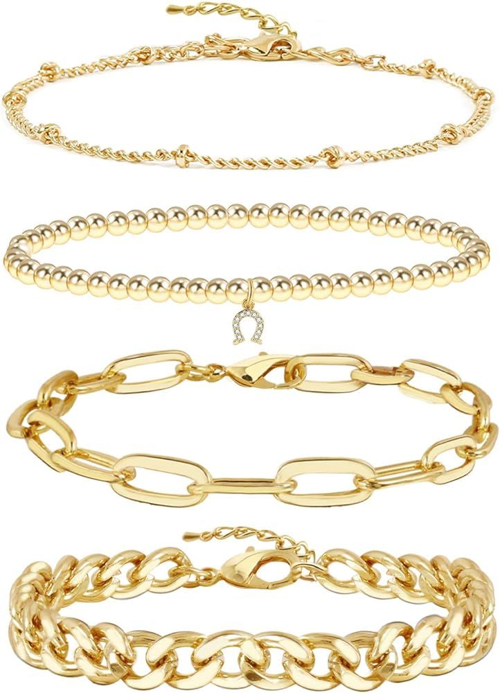 Gold Bracelets for Women Girls 14K Gold Plated Dainty Link Paperclip Choker Bracelet Stack Gold S... | Amazon (US)