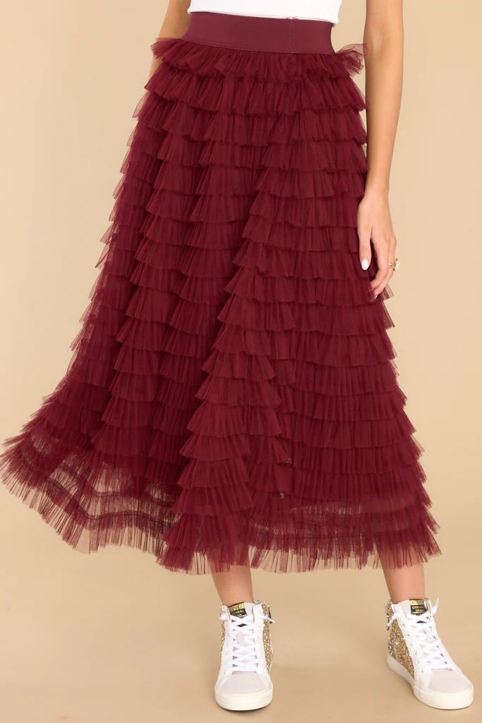 Good Luck Charm Burgundy Midi Skirt | Red Dress 