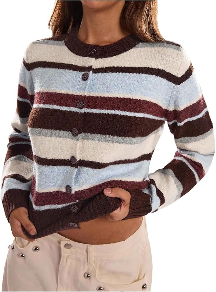 Women's Striped Color Block Cropped Cardigan Button Down Long Sleeve Old Money Sweaters | Amazon (US)