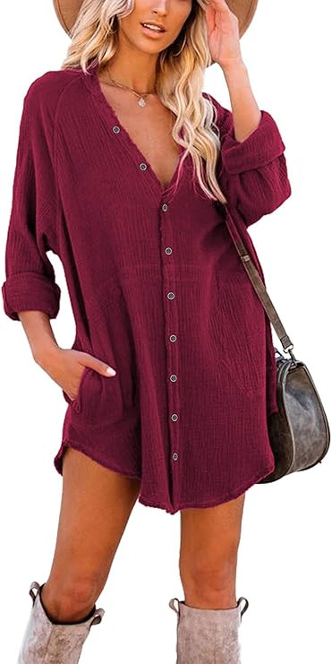 iGENJUN Women's Long Sleeve Button Down Tunic Dresses with Pockets | Amazon (US)