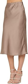Women Solid High Waist Silky Casual Elastic Satin Midi Skirt - Made in USA (Available in Plus Siz... | Amazon (US)