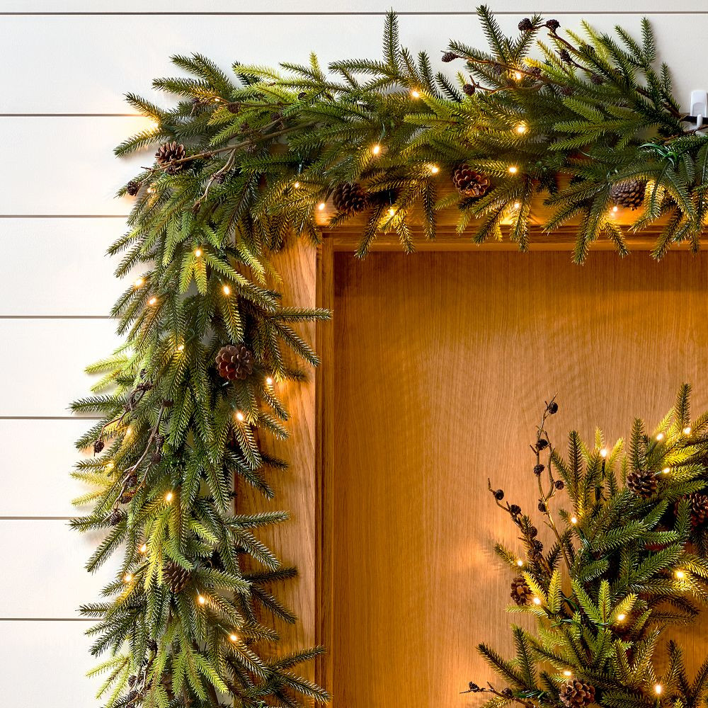 Pre-Lit Faux Woodland Pine Garland, Green | West Elm (US)