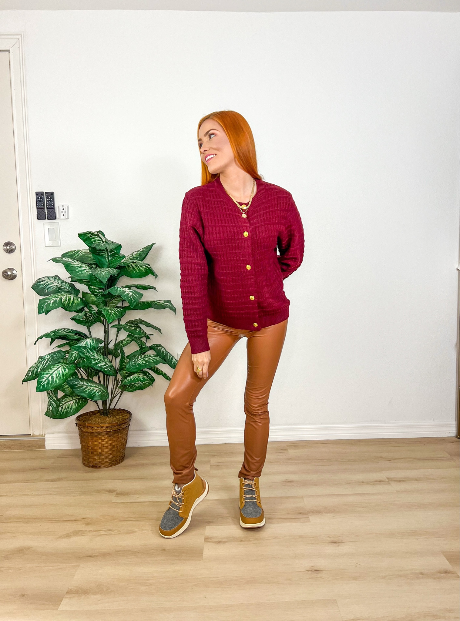 Fall Outfit. Wearing this super cute and versatile buttoned down sweater cardigan in small as well as for the faux leather pants. The sneaker boots are comfortable and true to size. 

#LTKPetite #LTKStyleTip #LTKFindsUnder50