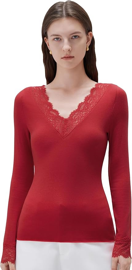 SUUKSESS Cloud Cashmere Women Basic Tops V Neck Boat Neck Lace Long Sleeve Shirt | Amazon (US)