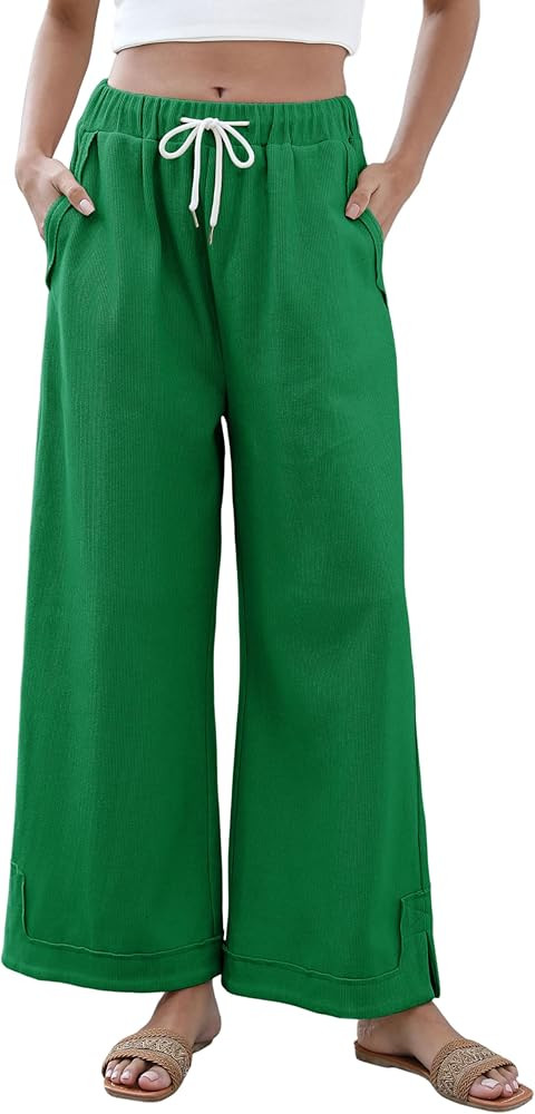 Womens Baggy Wide Leg Palazzo Pants Casual Loose Drawstring Elastic Waisted Lounge Trousers with ... | Amazon (US)